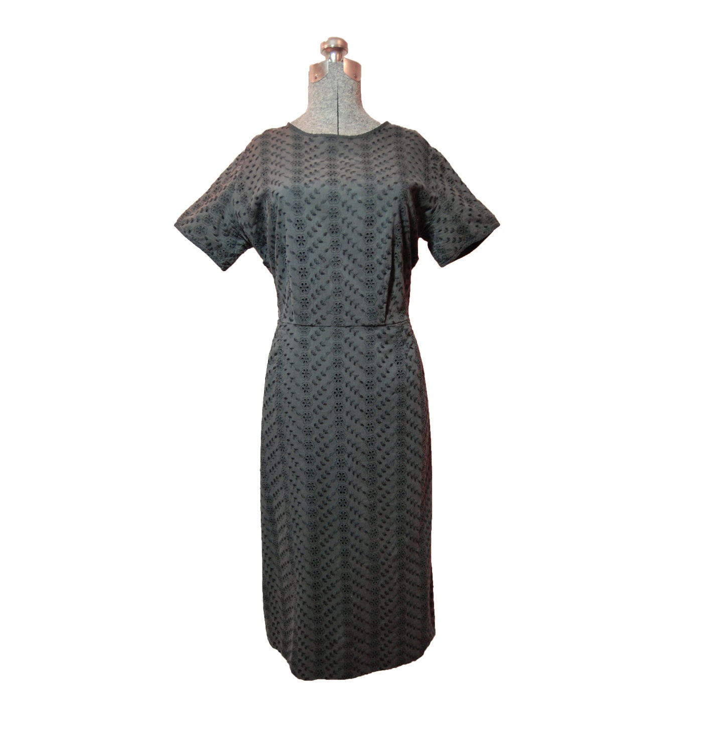 Vintage 1950s 50s Dress - Large Black Eyelet Lace Cotton Floral Day  Wiggle Dress