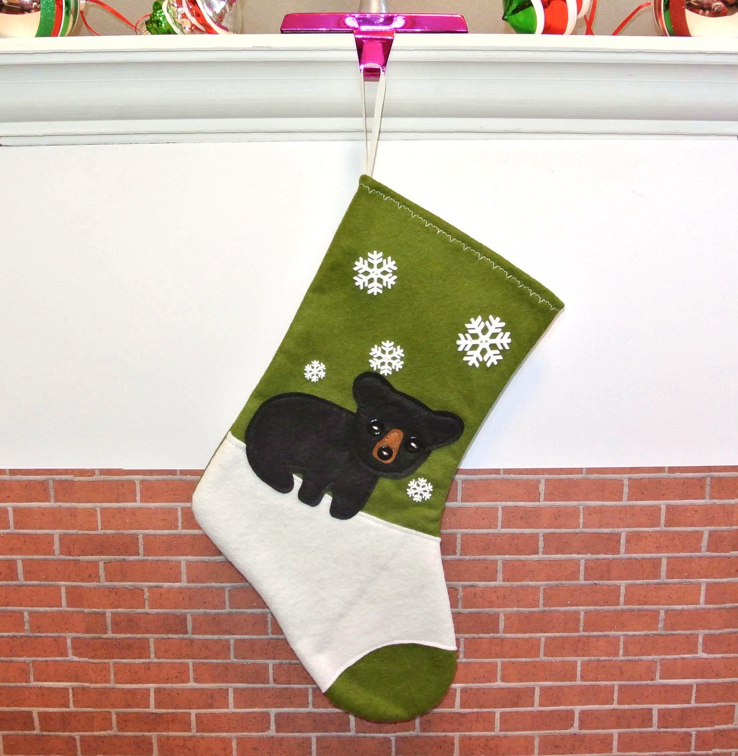Black Bear Christmas Stocking in Olive Green by Allenbrite Studio