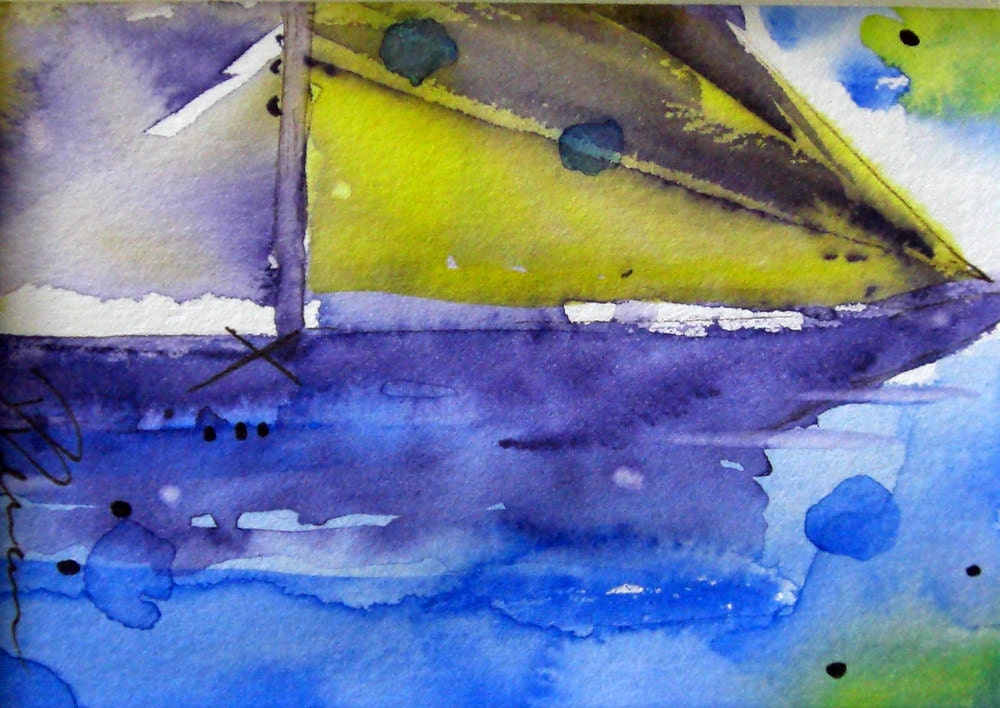 Boat on Water Original Watercolor Abstract Painting
