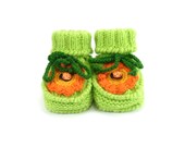 Hand Knitted Baby Booties with Crochet Flower - Light Green, 6 - 9 months