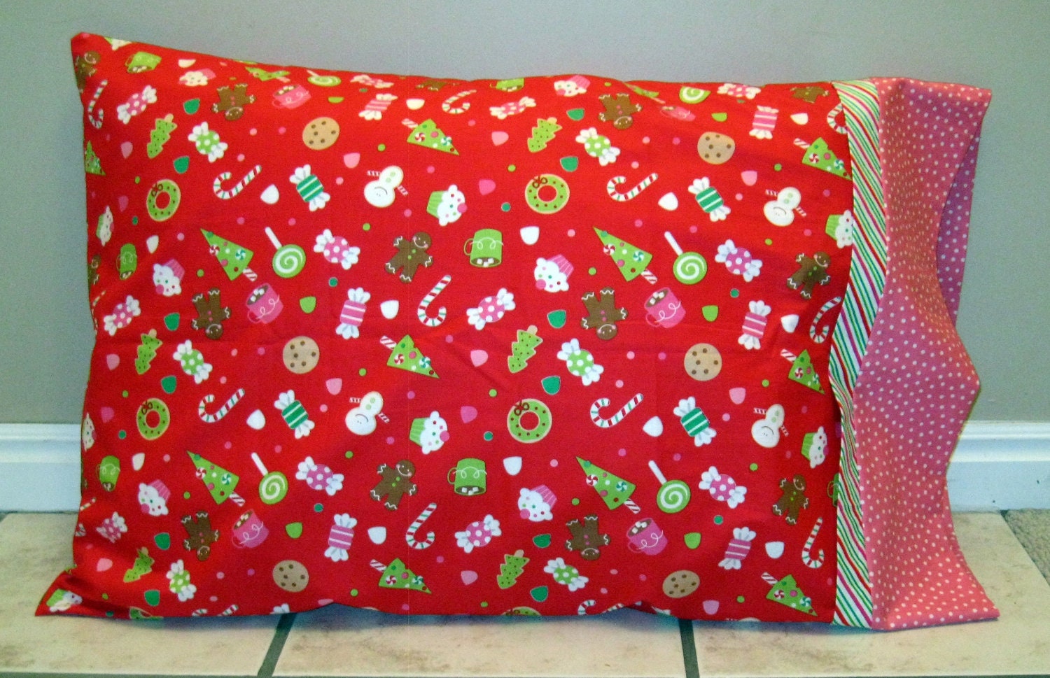 Sale Christmas Pillowcase Riley Blake Christmas Candy Red and Pink