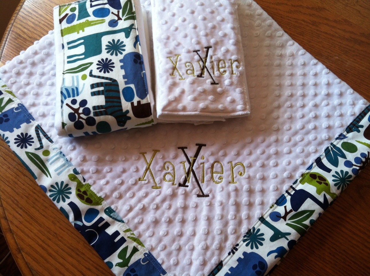 Gift Set - Personalized Minky Napping Blanket and set of burp cloths