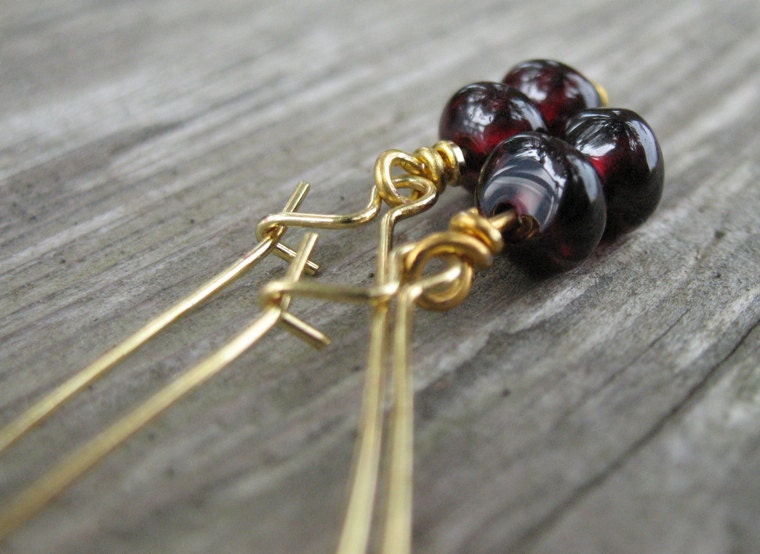 Garnet Earrings, Long Dangle Earrings, Gold Tone, January Birthstone, Gemstone