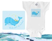 Organic baby clothes, whale onesie, blue ocean theme, "Whale past my bedtime", baby boy or girl