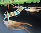 Turquoise Ladder Necklace (with brown feathers) - Boho Chic Chest plate by Sharona Nissan
