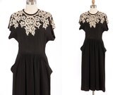 1940s dress/ 40s rayon crepe dress/ soutache neckline