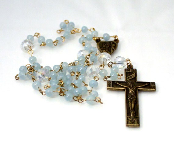 Blue Rosary Necklace, Catholic Rosary