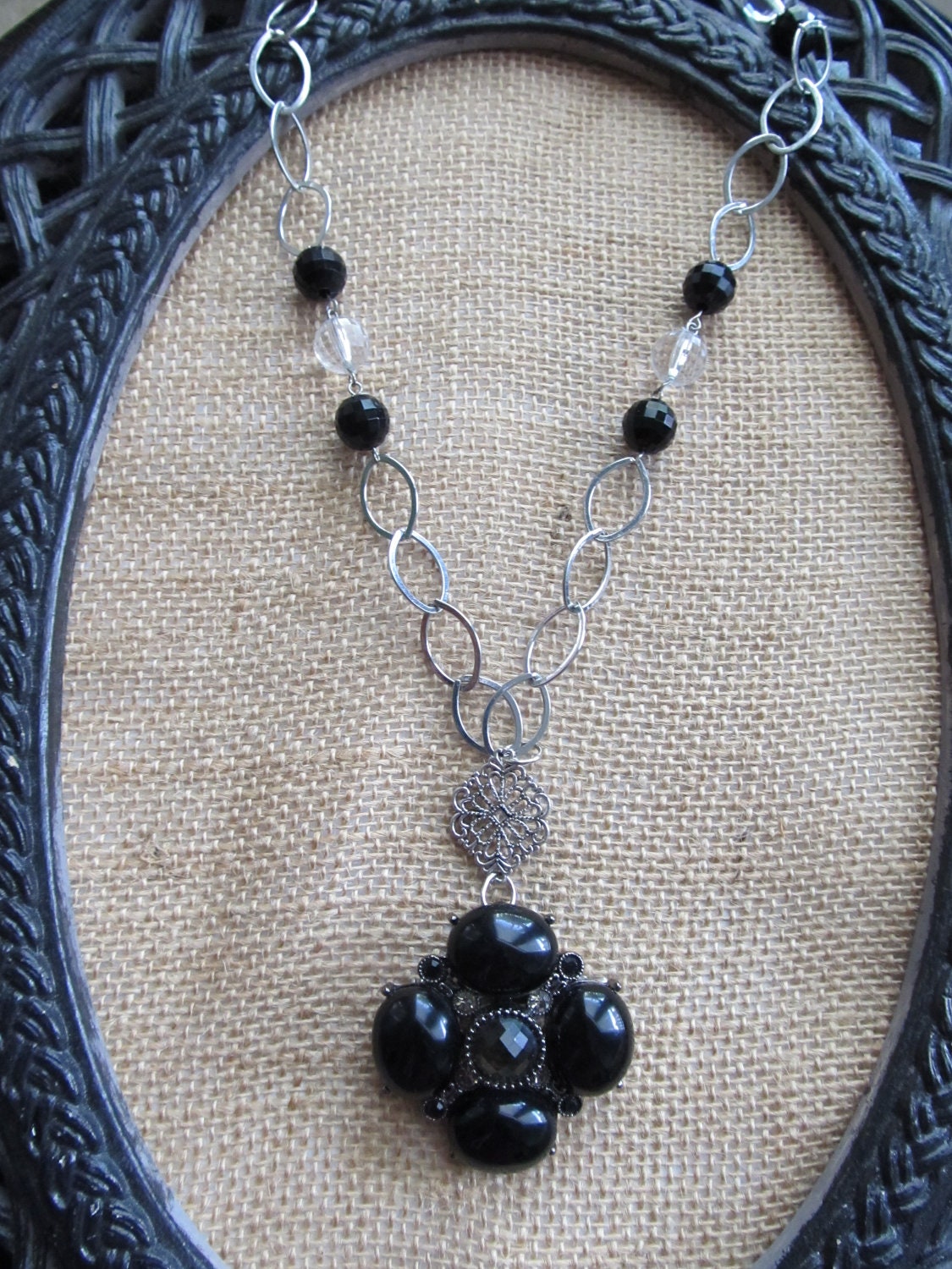 Necklace with Silver Link Chain, Beaded Chain and Black Bead Pendant