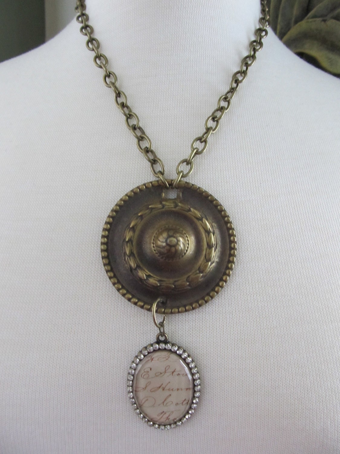 Vintage Necklace with Round Escutcheon and Oval Script Pendant. As featured in Country Living Magazine.