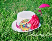 Colorful Girls Adult Mini Top Hat Headband Rainbow Stripped Feathers Pink Rhinestone Trim Satin Flower Photo Prop Pretty Wicked Moms