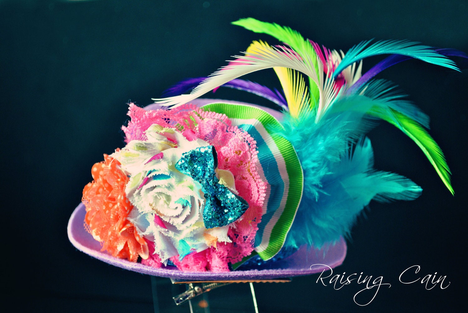 Circus Birthday Mini Top Hat Girls Over the Top Colorful Feathers Lace Glitter Accents Costume First Birthday Photo Prop