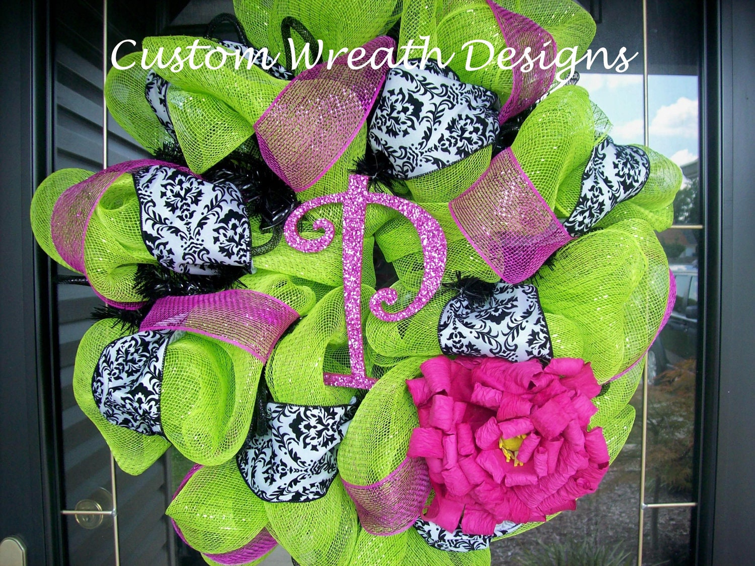 Lime and Pink with Paisley Mesh Wreath (with letter of your choice)
