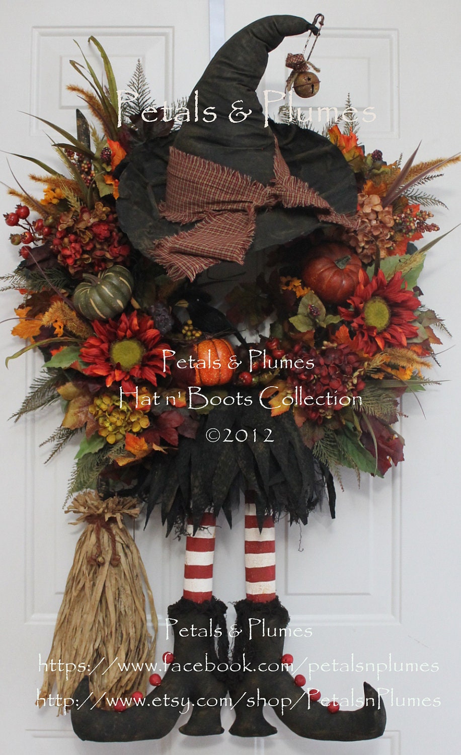 CUSTOM ORDER-Halloween Wreath-Fall Autumn Wreath- Primitive Prim Witch Hat n' Boots (New Version w/broom) Petals & Plumes Original Design