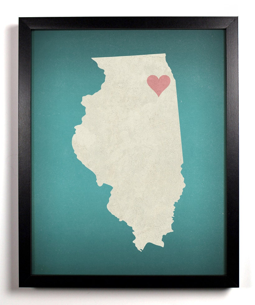 State Love Illinois Print (Pictured In Teal) Giclee, Art Print 8 x 10