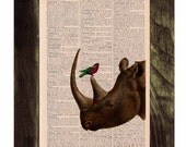 Rhino and his little friend  Dictionary Book Print - Altered art on upcycled book pages- buy 3 get 4
