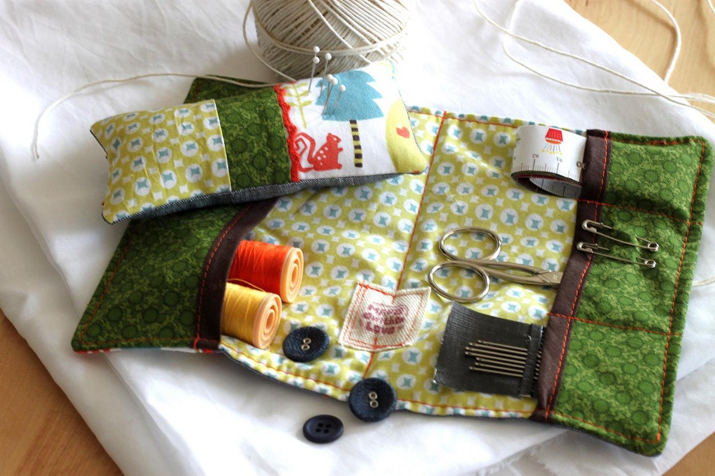 Sewing kit, pin cushion, travel sewing kit, embroidery kit. Zakka style. Gorgeous blue linen, Monaluna print fabric inside. Ready to ship.
