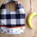 Toddler bib extra wide. Super soft, absorbant and resistant bib. Big checkers, white stripes and blue on the back. Ready to ship.