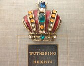 vintage rhinestone crown pin - gold, enameled, red, green