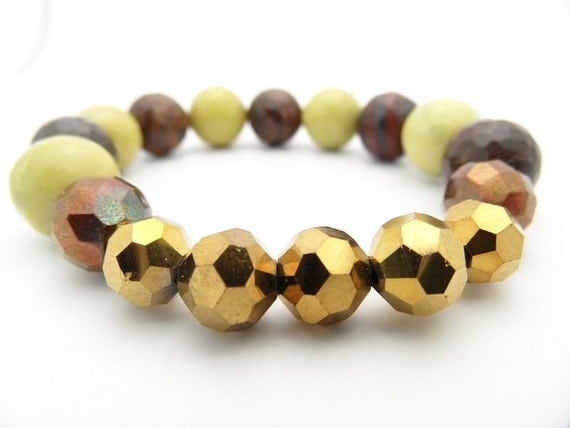 Gold Beaded bracelet - Yellow Chocolate Brown Semi Precious Stone Beads  and Czech Glass, Autumn Bracelet