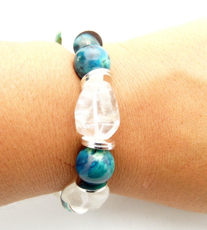 Silver Bead Bracelet, Bondai Garden Chrysotine Gemstone Chunky Crystal Jewelry, Fall Fashion
