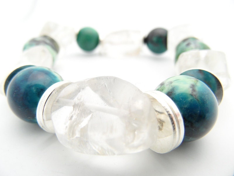 Silver Bead Bracelet, Bondai Garden Chrysotine Gemstone Chunky Crystal Jewelry, Fall Fashion