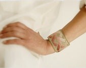 RESERVED FOR PR Handmade One of a Kind,  Antique French Silk Bracelet Cuff in Pink, Gold & Green Velvet, embellished with Swarovski crystals