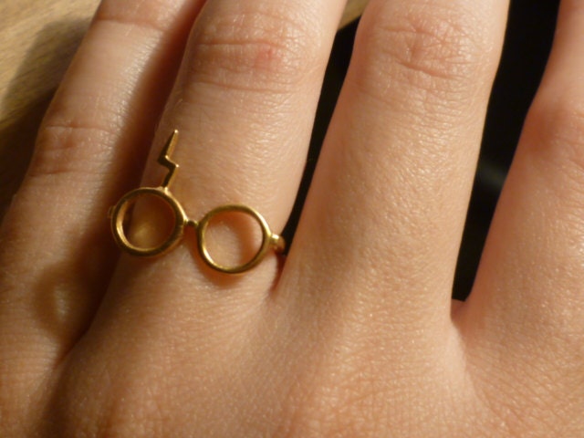 Harry Potter ring.Gold plated 18K sterling siver glasses ring.Lightning scar.Adjustable geek scar ring.