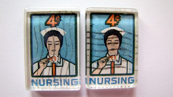 Nurse Lighting Candle - recycled, vintage postage stamp magnet  - set of 2