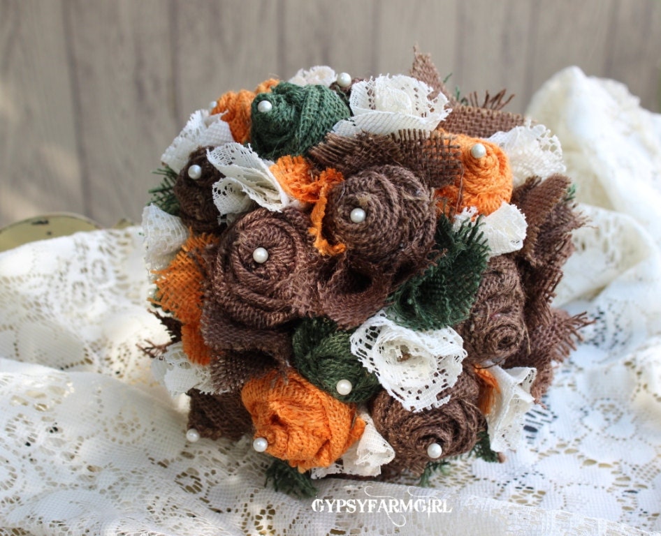 CAMOUFLAGE COLORS Burlap and Lace Bride's Bouquets and Boutonnieres Custom Wedding Arrangements with Fabric Flowers