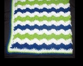 Crocheted  Shell baby blanket  afghan royal blue, lime green, and white  and Matching Hat. great Baby Shower Gift