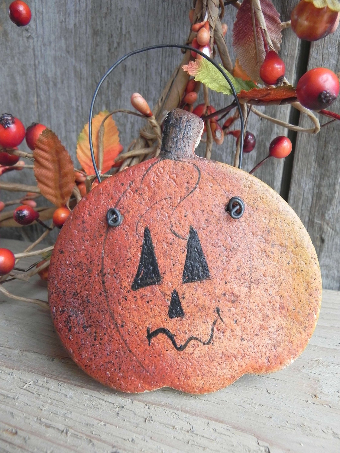 Primitive Jack O Lantern Pumpkin Salt Dough Ornament  / Fall Decor