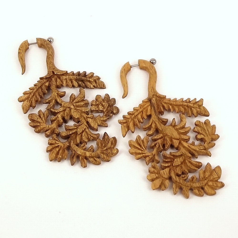 Fake Gauge -- SPRING SALE --  1 Pair OOAK Organic Wood - Vines Of Life - Custom Wooden Earrings - (By Fake Gauge Organics)
