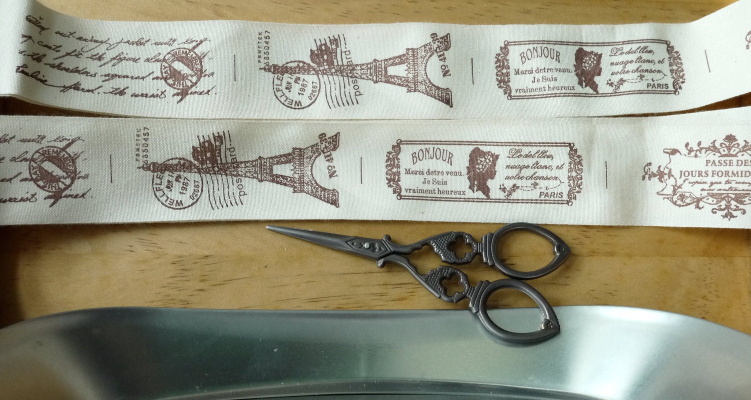 TOUR EIFFEL Vintage Style Beige French Paris Airmail Bag Purse Clothes - 4 Patterns - Handmade Fabric Tape Cotton Label Ribbon