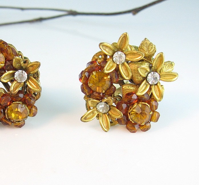 Vintage Robért Topaz Flower Earrings Clips Strawberry Russian Gold Filigree 1960s Jewlery