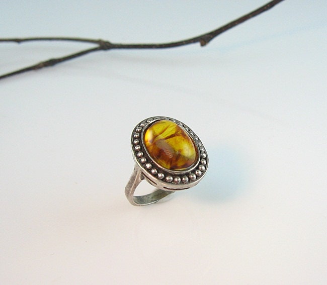 Vintage Oval Baltic Amber Sterling Ring Signed CN Size 6