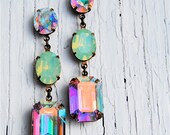 Aurora Borealis, Pacific Opal Vintage Swarovski Earrings, Nautical Earrings, RECTANGLE Available Rhinestone Earrings - Mashugana