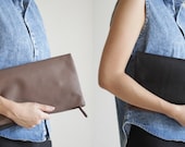 Foldover Reversible Leather Clutch in Black and Taupe- SALE
