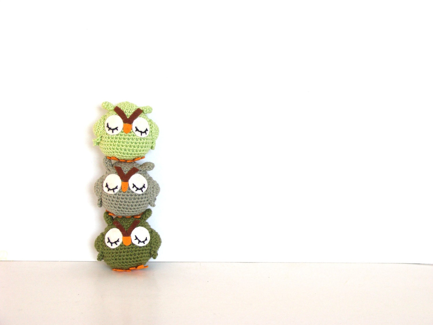 3 Owl plush toys, owl stuffie in neon green, khaki and olive green