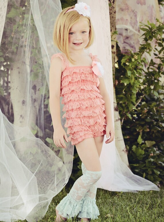 Lace Baby Romper Adorned with White and Pearl Flower, Coral