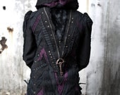 Deep Violet Purple Black Lace, Cotton Canvas, Large Skeleton Key, Patchwork Jacket with Skull and Cross Bone Pirate Cuffs, Corset, Hood