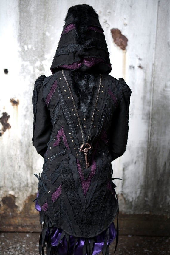 Deep Violet Purple Black Lace, Cotton Canvas, Large Skeleton Key, Patchwork Jacket with Skull and Cross Bone Pirate Cuffs, Corset, Hood