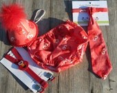 Baby / Boy Toddler Party Hat Necktie Suspenders & Diaper Cover First Birthday Photo Cake Smash Outfit in Red and White Elmo