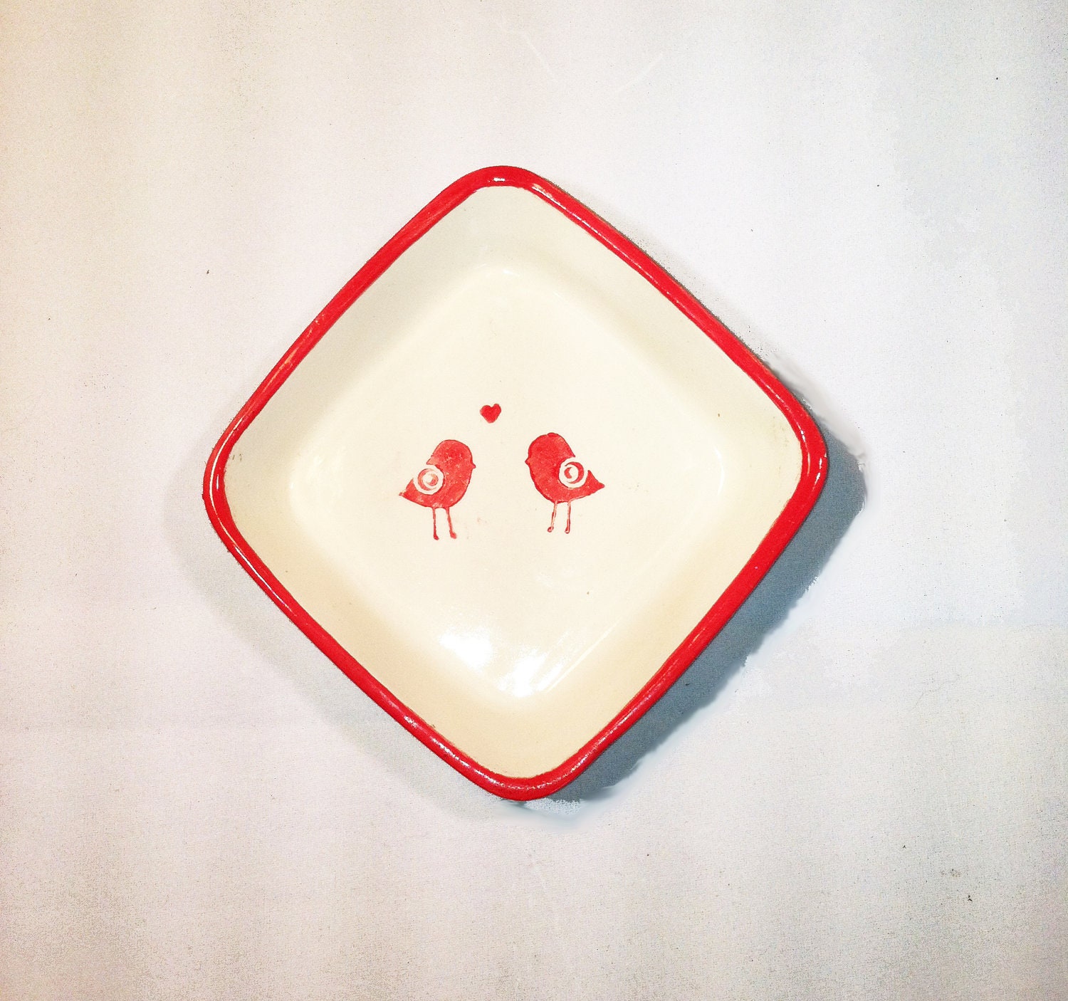 Red and White Kissy Birdie Square Dish Plate Ceramic Pottery Ohio USA Handmade