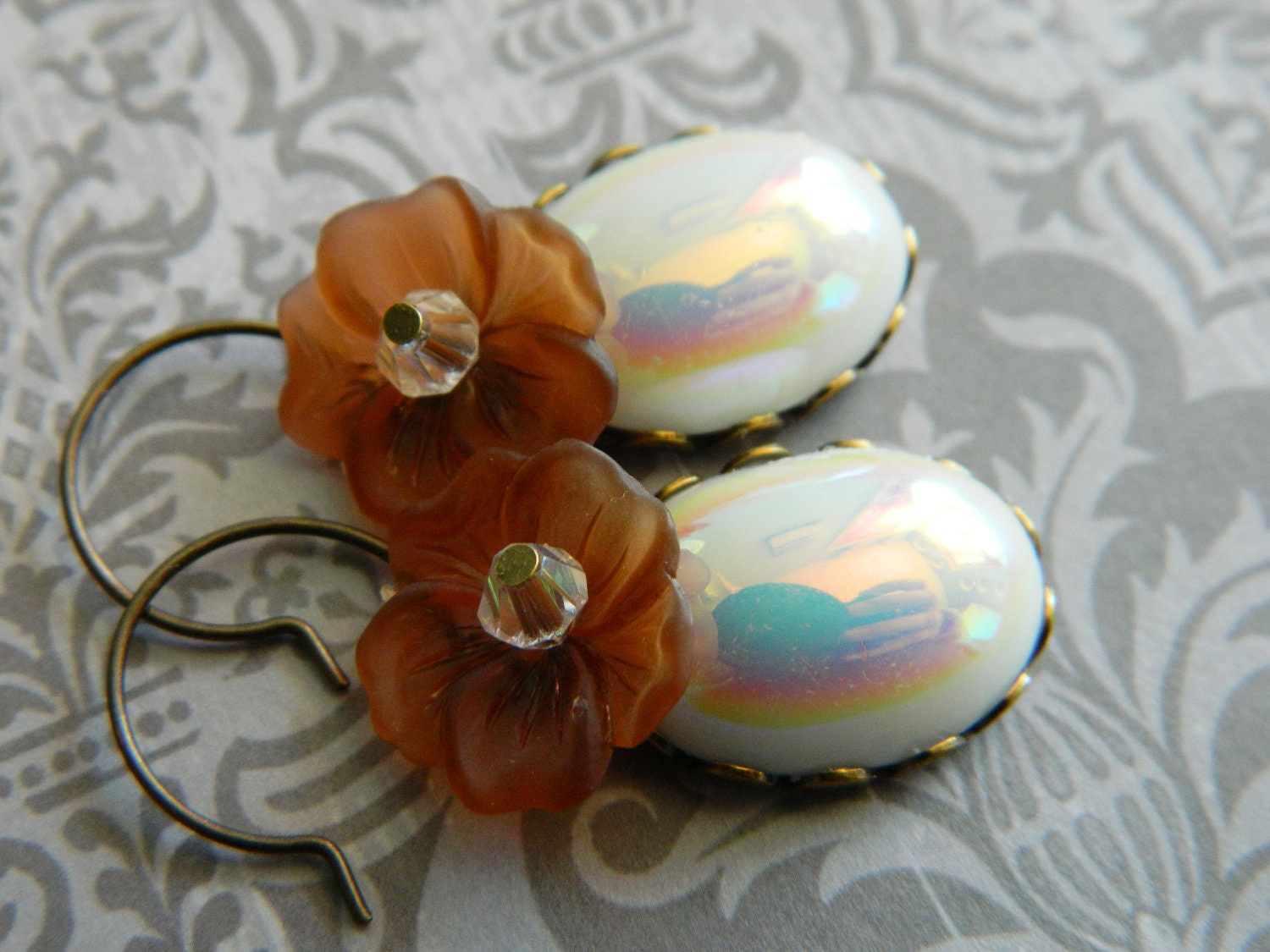 Retro Fall Earrings Vintage AB Chalk White Glass Topaz  Brown Flowers - Toasted Marshmallows