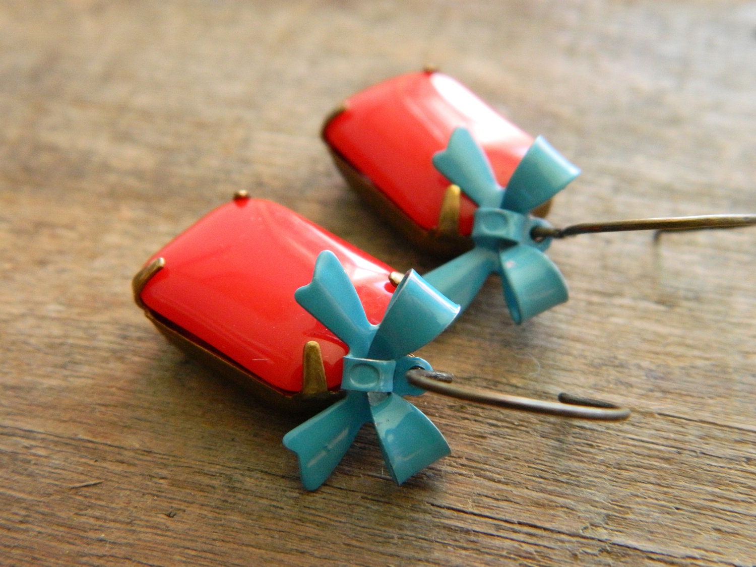 Vintage Chic Earrings Retro Red Opaque Glass and Blue Bows - Bow so Pretty