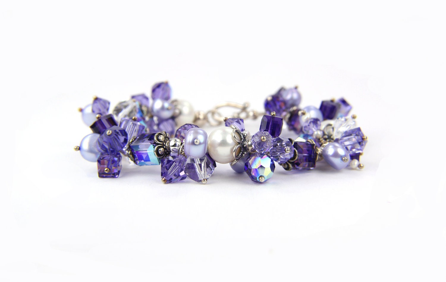 Purple Crystal Freshwater Pearl Sterling Bracelet - Christmas Holiday Gift for her
