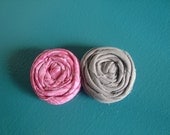 Rolled Fabric Flower Headband DOUBLE - Gray and Pink - on Skinny Elastic - Newborn Infant Toddler Girl Adult