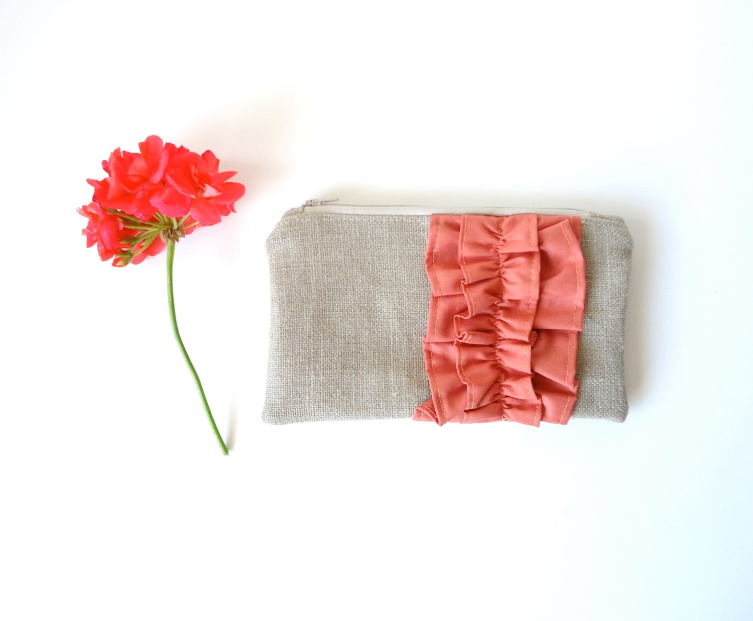 Coral Burlap Ruffle Zipper Clutch - Bridesmaid Gift - Salmon Orange Coral Wedding Bag