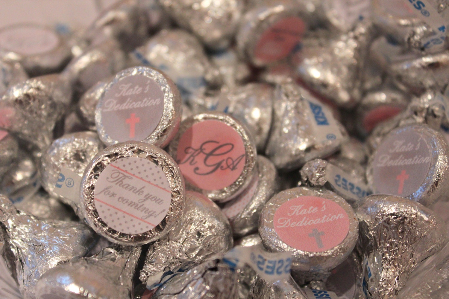 Polka Dot Baptism- Pink and Grey Hershey Kiss Labels- Print your own