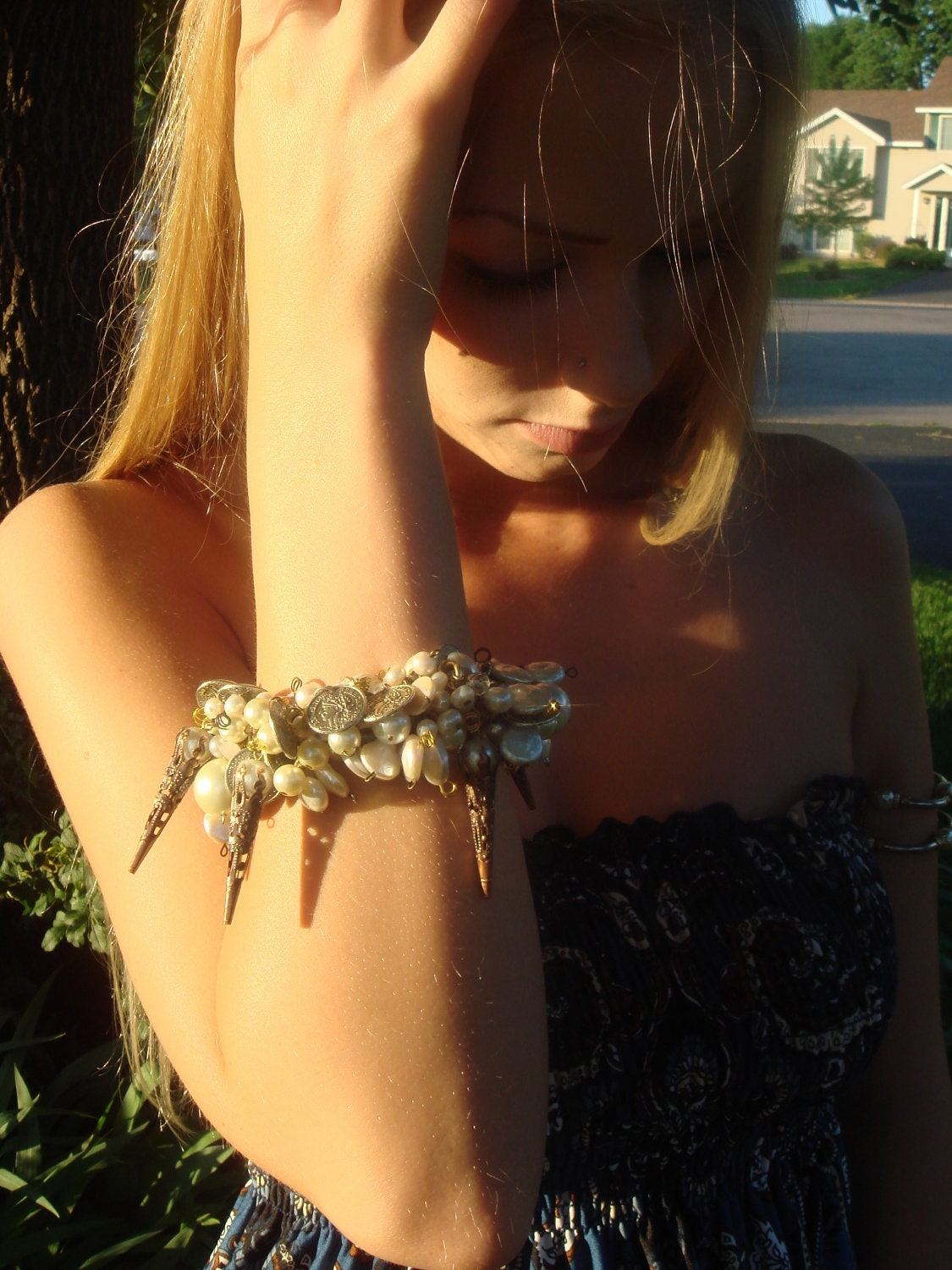 SEA of Pearls Bracelet/ Shell Akoya Coin Pearls/ Game of Thrones /Khalessi Pearl Cluster/ genuine filigree copper cone charms